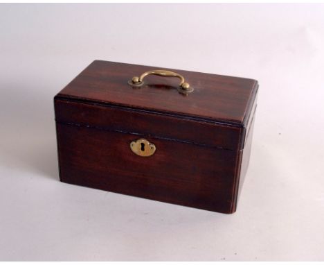 A George III Chippendale period tea-caddy, rectangular with brass carrying handle and incuse borders, three division interior