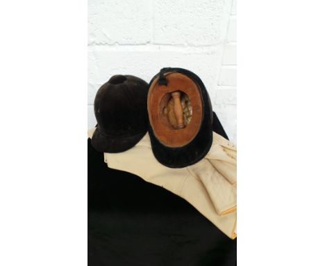 Two velvet covered riding hats (Harry Hall and Herbert Johnson), one with a set 6 3/4 inches hat block, a pair of Bernard Wea