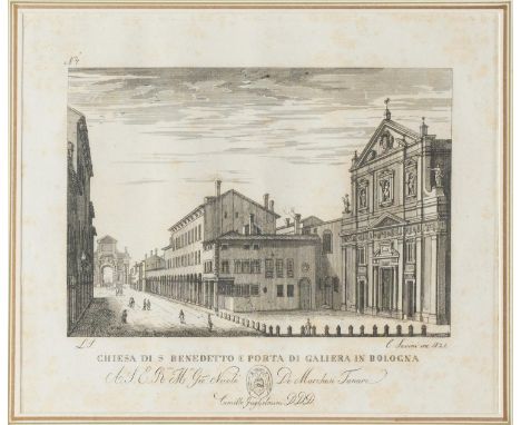 C. Savini (XIX-XX secolo), “Chiesa di S. Benedetto e Porta di Galiera in Bologna”.  Incisione su carta, reca in basso a destr