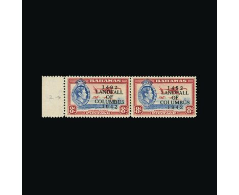 Bahamas : (SG 170a) 1942 Columbus 8d ultramarine and scarlet, left marginal horizontal pair, the second stamp (row 5/2) showi