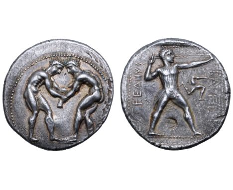 Pamphylia, Aspendos AR Stater. Circa 380/75-330/25 BC. Two wrestlers, nude, beginning to grapple with each other / Slinger st