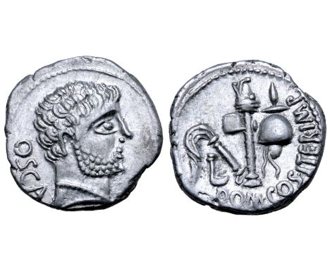 Cn. Domitius Calvinus AR Denarius. Osca, 39 BC. Head of Hercules right; OSCA downwards behind / Simpulum, aspergillum, axe an