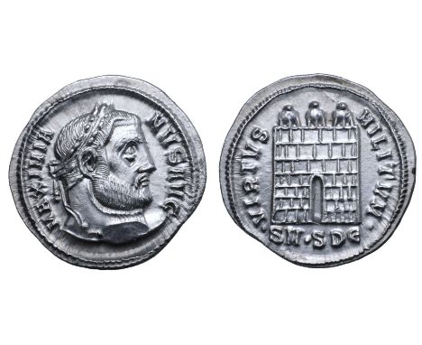 Galerius AR Argenteus. Serdica, AD 305. MAXIMIANVS AVG, laureate head right / VIRTVS MILITVM, camp gate with three turrets wi