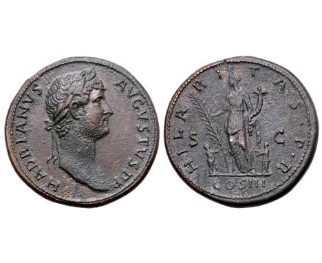 Hadrian Æ Sestertius. Rome, AD 128-132. HADRIANVS AVGVSTVS P P, laureate head right / HILARITAS • P • R, Hilaritas standing l