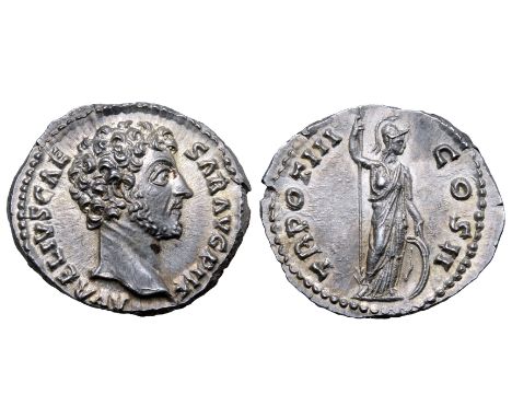 Marcus Aurelius, as Caesar, AR Denarius. Rome, AD 148-149. AVRELIVS CAESAR AVG P II F, bare head right / TR POT III COS II, M