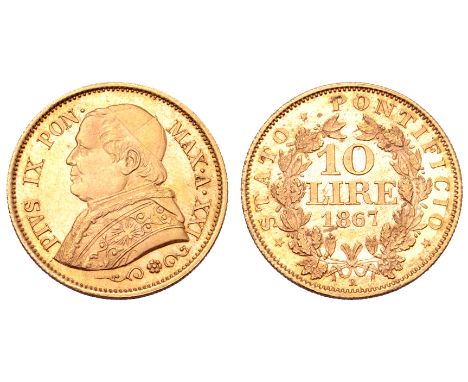 Italy. Papal State, Pius IX, Giovanni Maria Mastai Ferretti di Senigallia, (1846-1878) AV 10 Lire. Rome, 1867 R, year XXI. PI