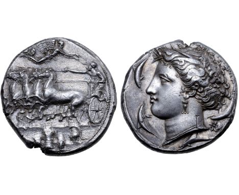 Sicily, Syracuse AR Dekadrachm. Time of Dionysios I, circa 405-370 BC. Charioteer driving galloping quadriga to left, holding