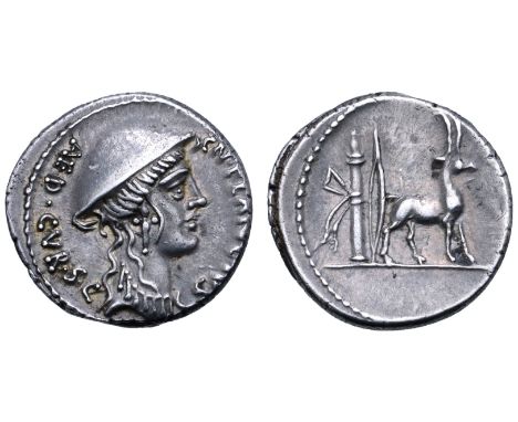 Cn. Plancius AR Denarius. Rome, 55 BC. Head of Diana Planciana right, wearing petasus; CN•PLANCIVS AED•CVR•S•C around / Creta