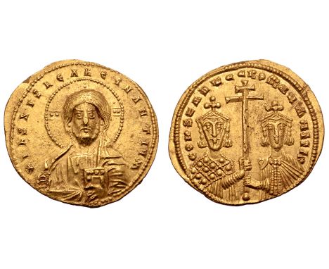 Constantine VII, with Romanus II, AV Solidus. Constantinople, AD 955-959. + + IҺS XPS RЄX RЄςNANTIЧM, facing bust of Christ P