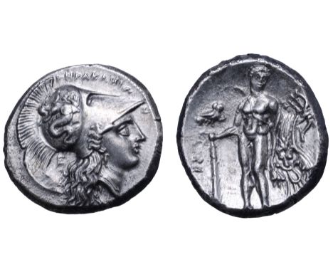 Lucania, Herakleia AR Stater. Circa 281-278 BC. Aris-, magistrate. Head of Athena right, wearing earring, necklace and creste