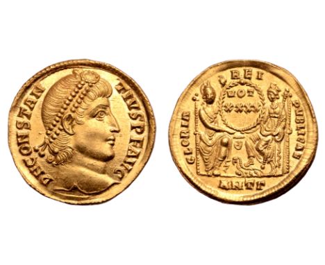 Constantius II AV Solidus. Antioch, AD 355-361. CONSTANTIVS P F AVG, pearl-diademed head right / GLORIA REIPVBLICAE, Roma and