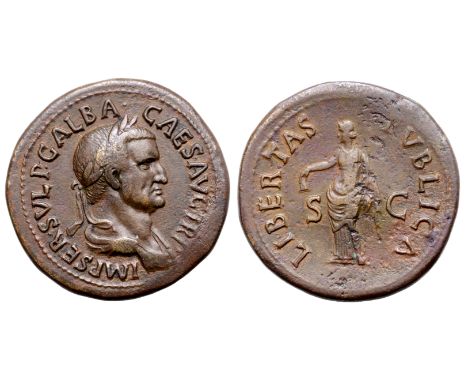 Galba Æ Sestertius. Rome, August - September AD 68. IMP SER SVLP GALBA CAES AVG TR P, laureate and draped bust right / LIBERT