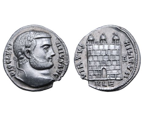 Diocletian AR Argenteus. Alexandria, AD 295-296. DIOCLETIANVS AVG, laureate head right / VIRTVS MILITVM, camp gate with three