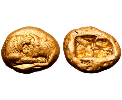 Kingdom of Lydia, Kroisos AV Stater. Heavy standard. Sardes, circa 564/53-550/39 BC. Confronted foreparts of roaring lion to 