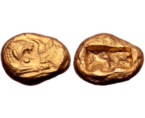 Kingdom of Lydia, Kroisos AV Stater. Light standard. Sardes, circa 564/53-550/39 BC. Confronted foreparts of roaring lion to 