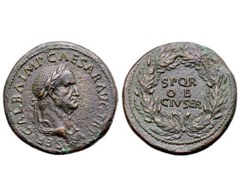 Galba Æ Sestertius. Rome, June - August AD 68. SER GALBA IMP CAESAR AVG TR P, laureate and draped bust right / SPQR OB CIV SE