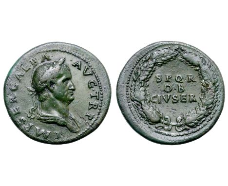 Galba Æ Sestertius. Rome, June - August AD 68. IMP SER GALBA AVG TR P, draped bust right, wearing oak wreath / SPQR OB CIV SE