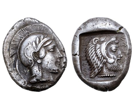 Dynasts of Lycia, Kherei AR Stater. Telmessos, circa 410-390 BC. Head of Athena right, wearing crested Attic helmet decorated