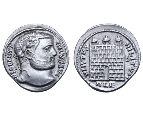 Diocletian AR Argenteus. Alexandria, AD 295-296. DIOCLETIANVS AVG, laureate head right / VIRTVS MILITVM, camp gate with three