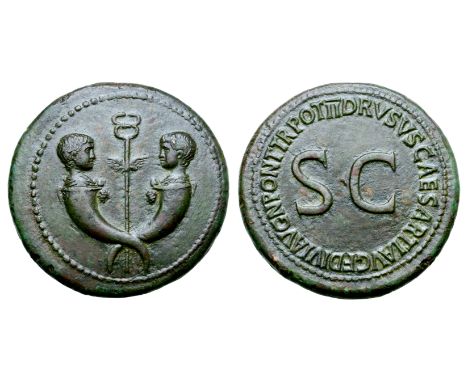 Drusus (son of Tiberius) Æ Sestertius. Rome, AD 22-23. Confronted heads of Drusus' twin sons Tiberius Gemellus and Germanicus
