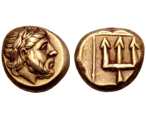 Lesbos, Mytilene EL Hekte. Circa 375-326 BC. Wreathed head of Poseidon right / Trident within linear square frame. Bodenstedt