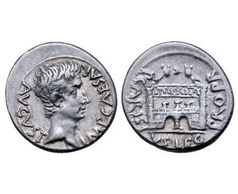 Augustus AR Denarius. Emerita, 25-23 BC. P. Carisius, legatus pro praetore. IMP CAESAR AVGVSTVS, bare head right / P CARISIVS