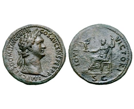 Domitian Æ Sestertius. Rome, AD 92-94. IMP CAES DOMIT AVG GERM COS XV CENS PER P P, laureate head right / IOVI VICTORI, Jupit