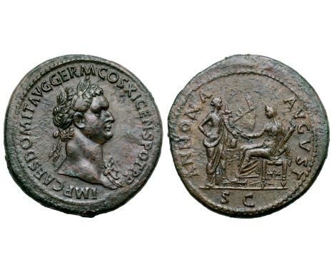 Domitian Æ Sestertius. Rome, AD 85. IMP CAES DOMIT AVG GERM COS XI CENS POT P P, laureate bust right, aegis on far shoulder /