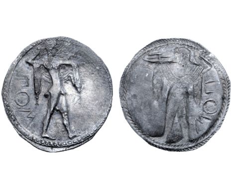 Lucania, Poseidonia AR Stater. Circa 530-500 BC. Poseidon, diademed and wearing chlamys over shoulders, advancing right, wiel
