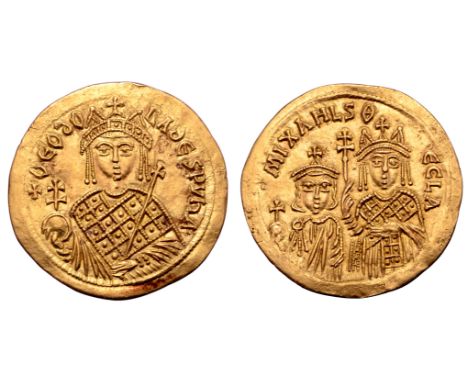 Michael III, with Theodora and Thecla, AV Solidus. Constantinople, AD 842-850. +ΘEO∂ORA ∂ESPVn' A, facing bust of Theodora, w