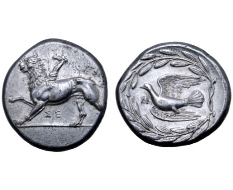 Sikyonia, Sikyon AR Stater. Circa 350-330 BC. Chimaera advancing left, right paw raised; ΣE below, [wreath above] / Dove flyi