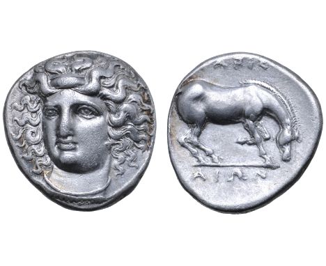 Thessaly, Larissa AR Drachm. Circa 365-356 BC. Head of the nymph Larissa facing slightly left, hair in ampyx / Horse standing