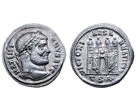 Maximian AR Argenteus. Thessalonica, AD 302. MAXIMIANVS AVG, laureate bust right / VICTORIAE SARMATICAE, four-turreted camp g
