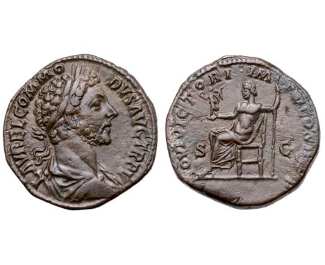 Commodus Æ Sestertius. Rome, AD 180. L AVREL COMMODVS AVG TR P V, laureate, draped and cuirassed bust right, seen from behind