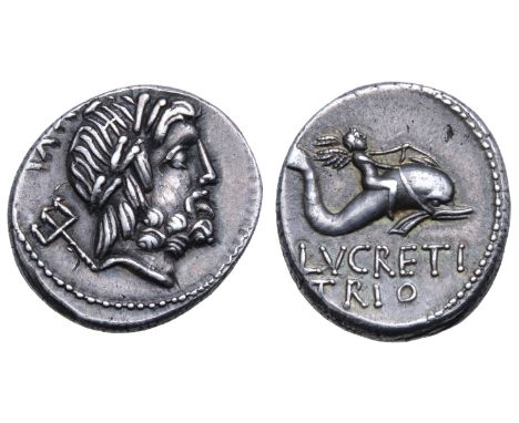 L. Lucretius Trio AR Denarius. Rome, 74 BC. Laureate head of Neptune right, trident at shoulder and control number behind / I