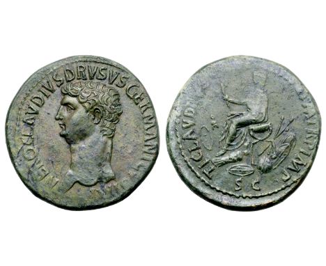 Nero Claudius Drusus (father of Claudius) Æ Sestertius. Rome, AD 42-43. NERO CLAVDIVS DRVSVS GERMANICVS IMP, bare head left /