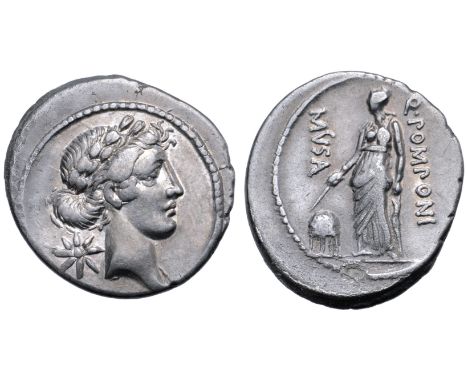 Q. Pomponius Musa AR Denarius. Rome, 66 BC. Laureate head of Apollo right, star behind / Urania standing left, holding rod an