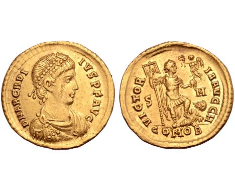 Arcadius AV Solidus. Sirmium, AD 393-395. D N ARCADIIVS P F AVG, pearl-diademed, draped and cuirassed bust right / VICTORIA A