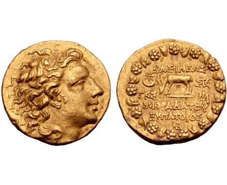 Kings of Pontos, Mithradates VI Eupator AV Stater. Pergamon, dated month 12, year 223 BE = September 74 BC. Diademed head rig