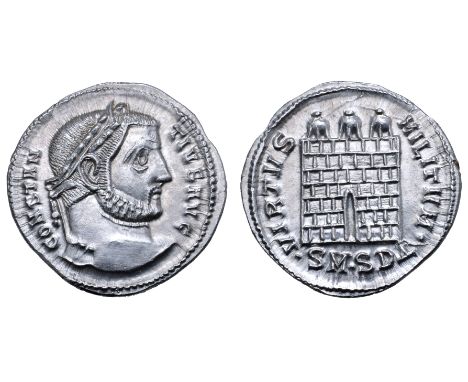 Constantius I AR Argenteus. Serdica, AD 305-306. CONSTANTIVS AVG, laureate head right / VIRTVS MILITVM, camp gate of three tu