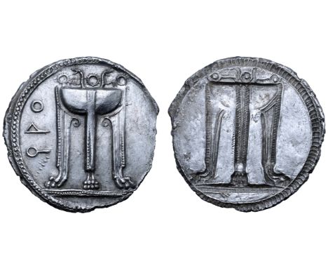 Bruttium, Kroton AR Stater. Circa 530-500 BC. Tripod, legs terminating in lion's paws, with ornaments on and serpents rising 