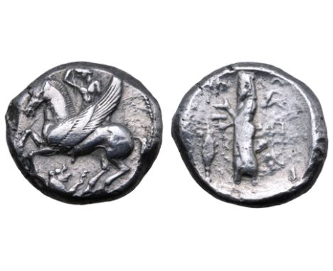 Cilicia, Tarsos AR Stater. Circa 440-420 BC. Bellerophon riding Pegasos to left, preparing to hurl spear at chimaera, lunging