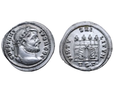 Constantius I AR Argenteus. Thessalonica, AD 302. CONSTANTIVS NOB C, laureate bust right / VIRTVS MILITVM, camp gate with fou