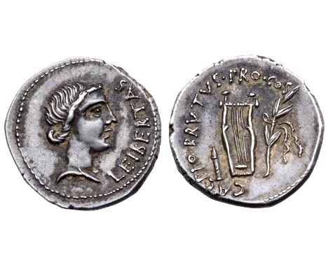 Q. Servilius Caepio (M. Junius) Brutus AR Denarius. Mint moving with Brutus, 43-42 BC. Head of Libertas right; LEIBERTAS befo