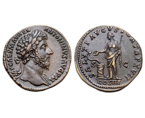 Marcus Aurelius Æ Sestertius. Rome, AD 163. IMP CAES M AVREL ANTONINVS AVG P M, laureate bust right, slight drapery on far sh