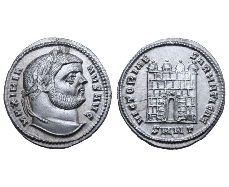 Maximian AR Argenteus. Nicomedia, AD 295-296. MAXIMIANVS AVG, laureate head right / VICTORIAE SARMATICAE, four-turreted camp 