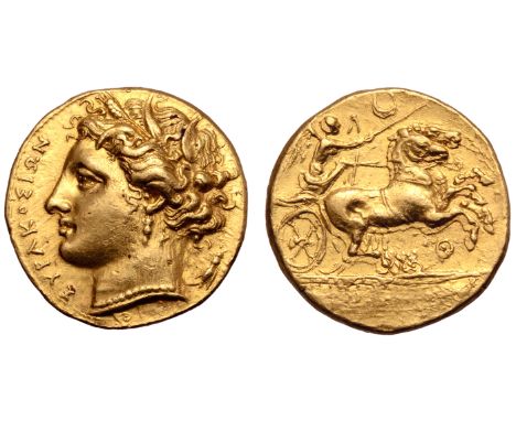 Sicily, Syracuse AV Dekadrachm. Thoinon or Sosistratos, 278 BC. Head of Persephone to left, wearing wreath of grain leaves, p