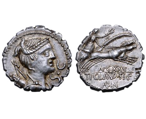 Ti. Claudius Ti. f. Ap. n. Nero AR Serrate Denarius. Rome, 79 BC. Diademed and draped bust of Diana right, with bow and quive