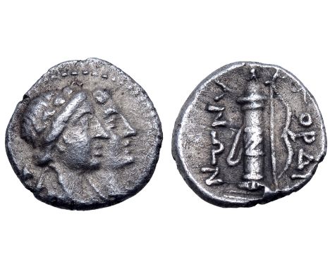 Phrygia, Gordion AR Obol. Autonomous issue, circa 2nd-1st centuries BC. Jugate busts of Artemis and Apollo, both laureate, qu