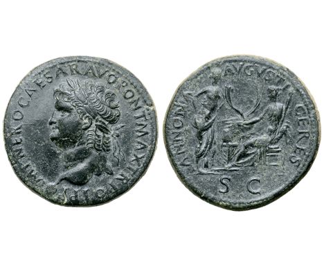 Nero Æ Sestertius. Lugdunum, AD 66. IMP NERO CAESAR AVG PONT MAX TR POT P P, laureate bust left, globe at point / ANNONA AVGV